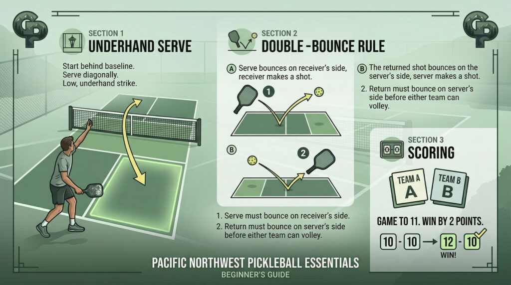 “Beginner pickleball rules graphic showing an underhand serve to the diagonal box, the double‑bounce rule, and basic scoring on an outdoor court.”
