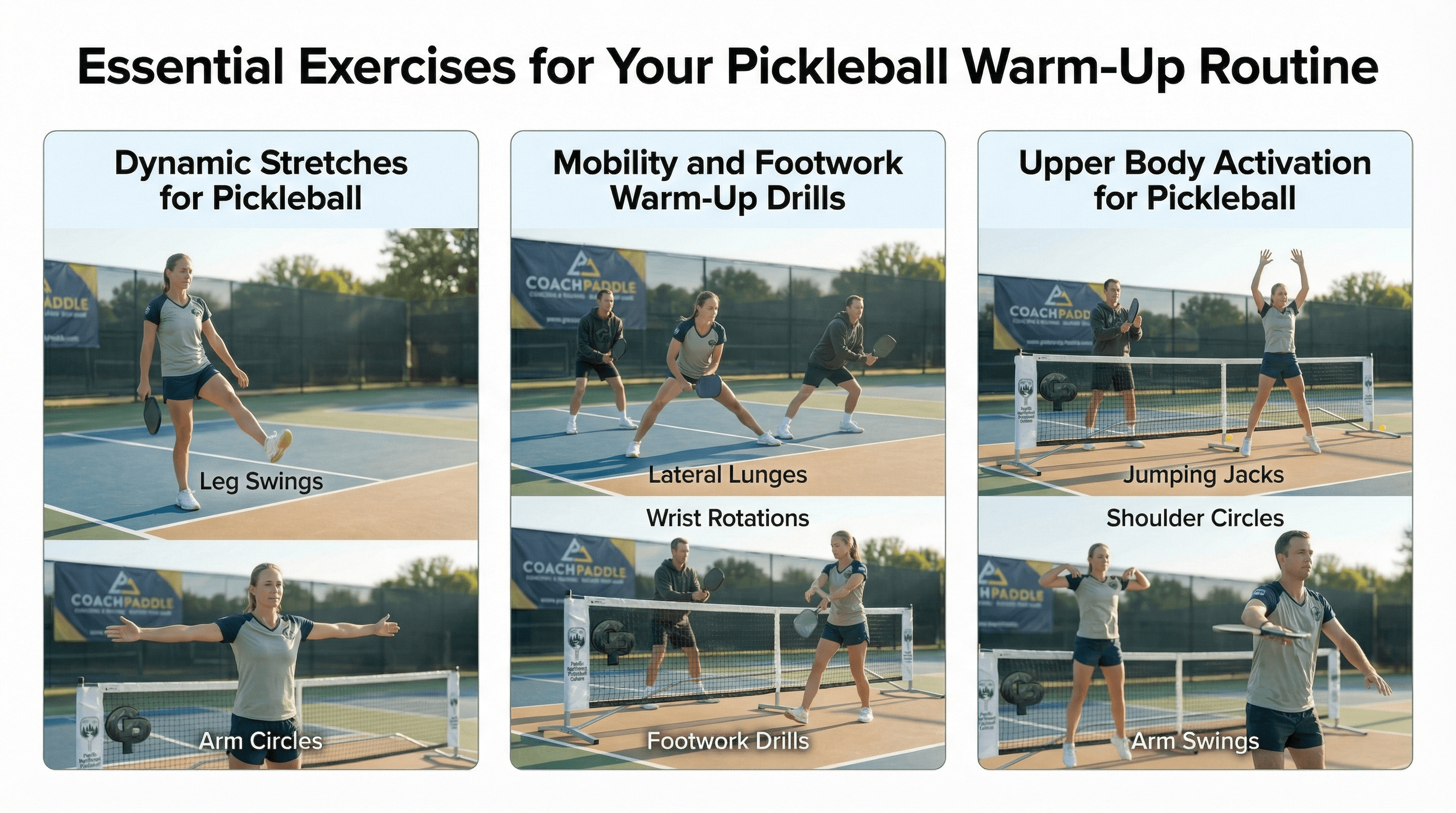 Instructional graphic demonstrating a Pickleball Essential Warm‑up routine, including dynamic stretches, mobility and footwork drills, and upper‑body activation exercises to prepare players for movement on the court.