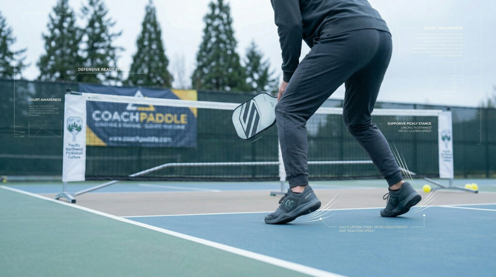 Pickleball player in a ready defensive stance with paddle up on an outdoor PNW court.