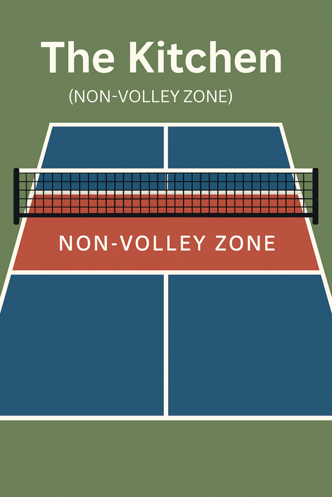 “Pickleball kitchen area marked on the court near the net.”