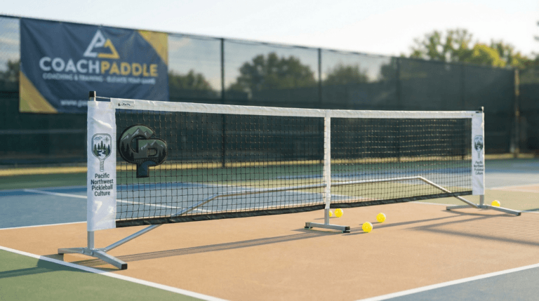 Permanent pickleball net with heavy‑duty posts and regulation height on a dedicated court
