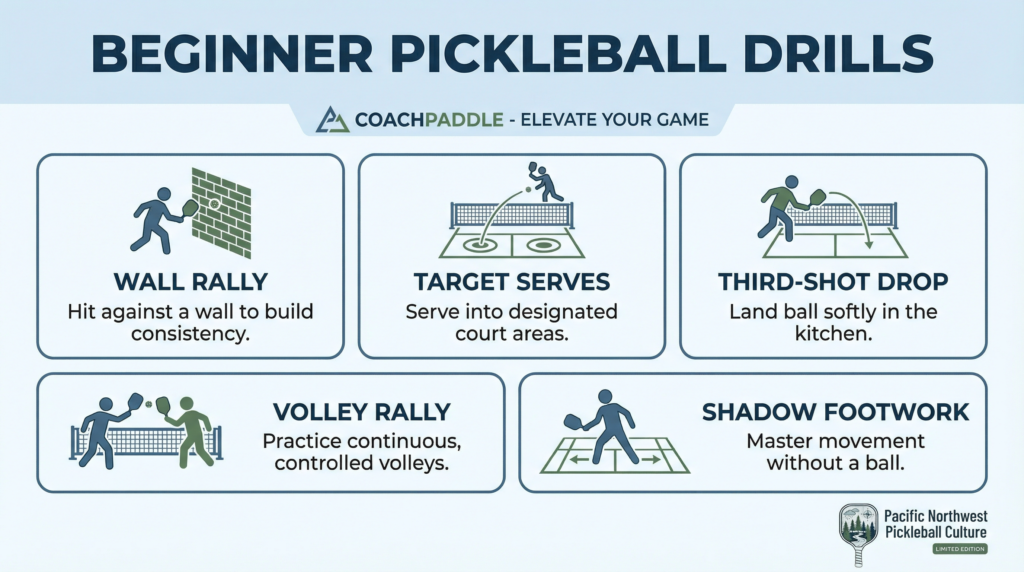 New pickleball player practicing basic paddle skills and footwork during a structured beginner drill session.