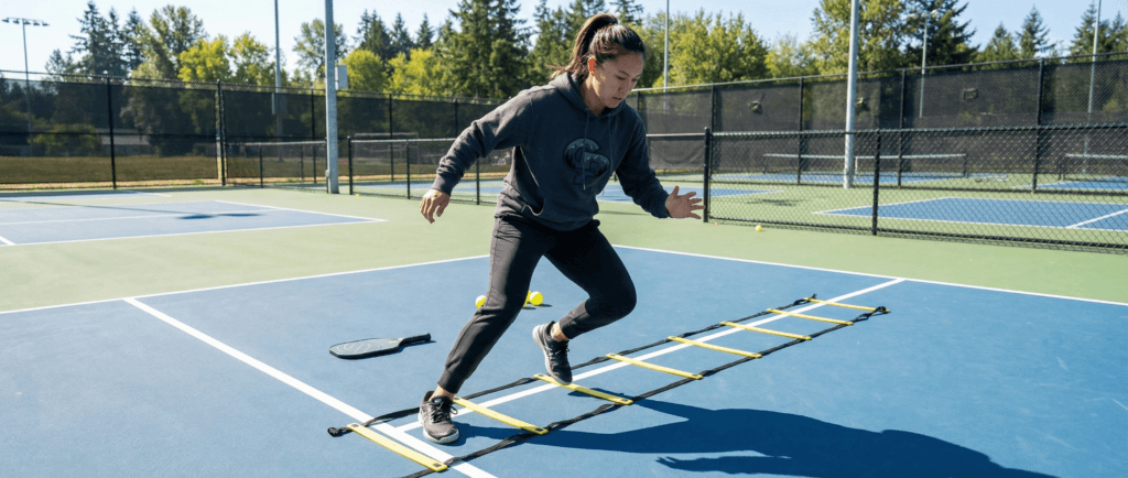 Player practicing pickleball agility drills with fast‑feet ladder footwork.
