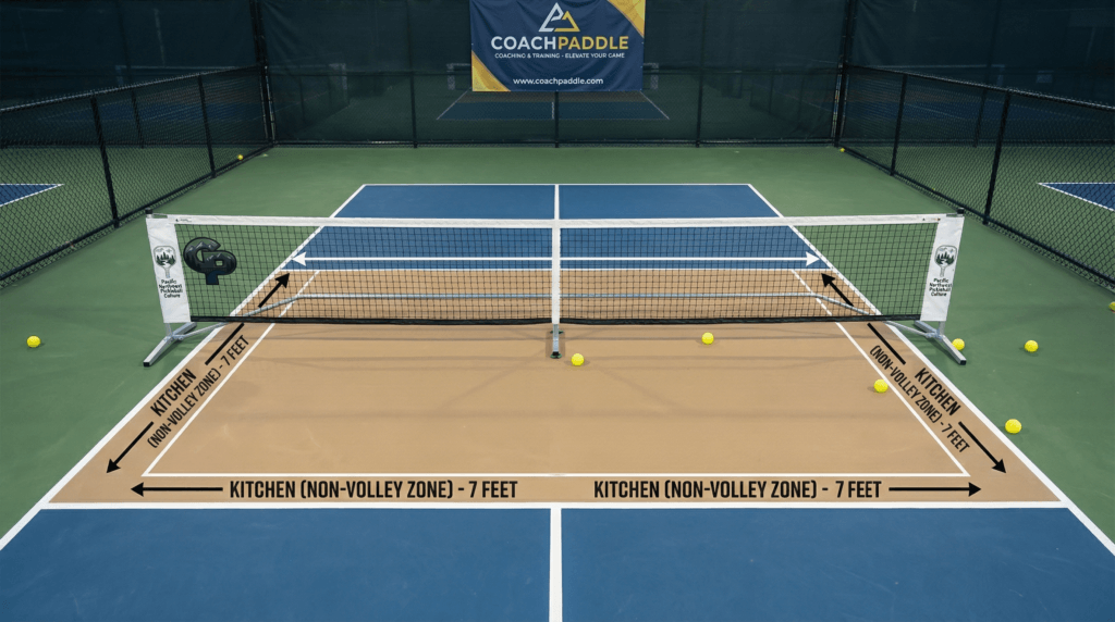 Pickleball kitchen area marked 7 feet from the net on both sides of the court.