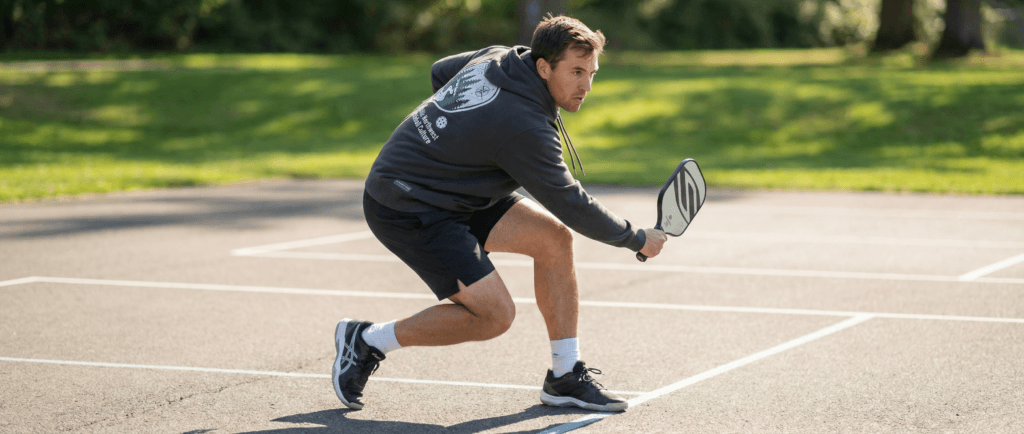 Player practicing pickleball agility drills with a drop‑step reaction move