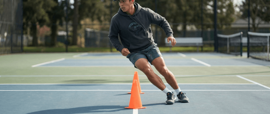 Pickleball agility drill using two cones in a figure‑eight pattern