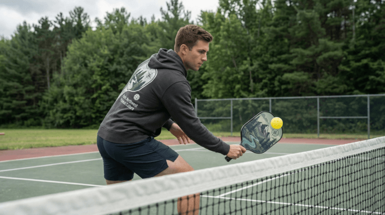 Basic court and equipment shown for a pickleball beginner guide.