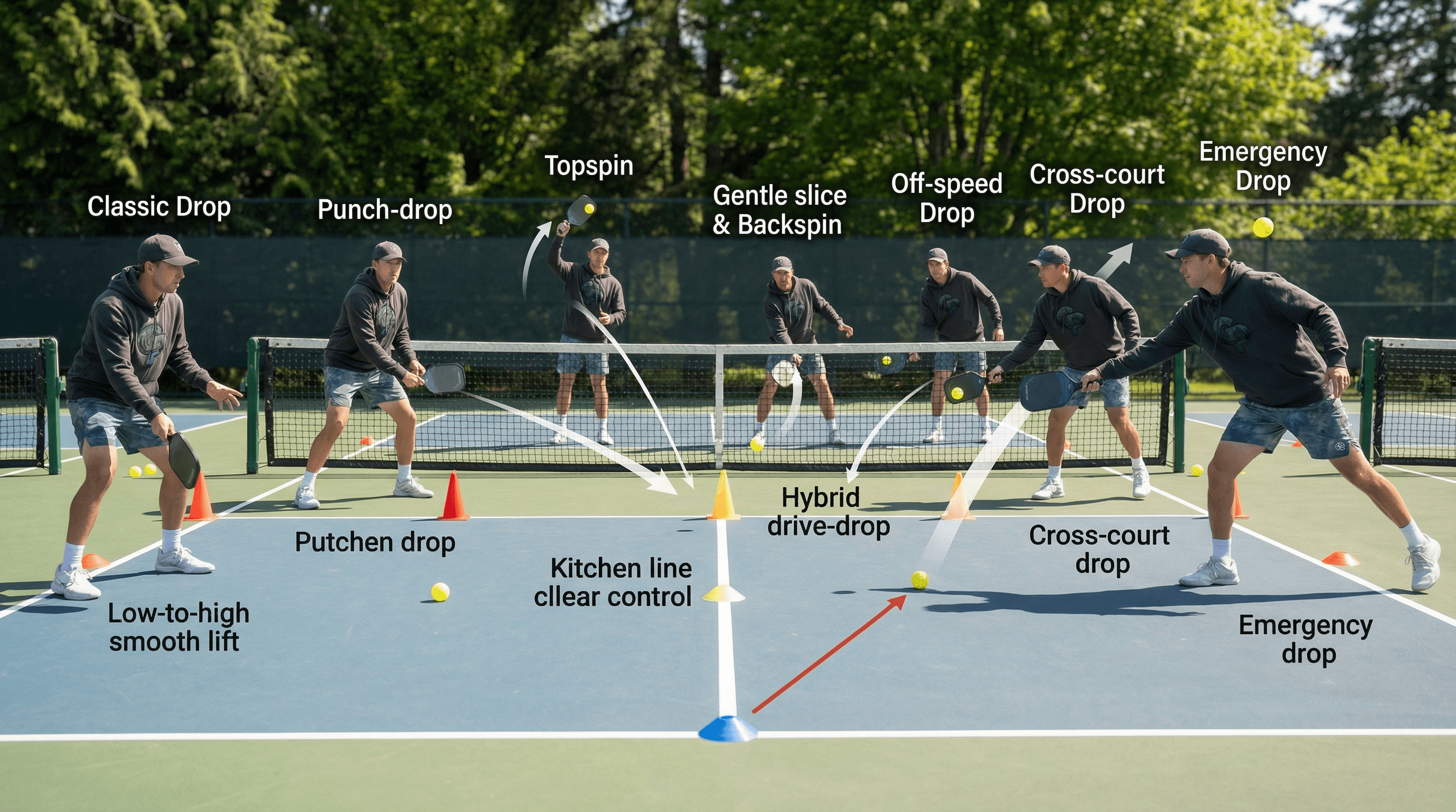 Player practicing eight third shot drop techniques in pickleball, including lift, punch, topspin, slice, hybrid, off‑speed, cross‑court, and emergency drops.