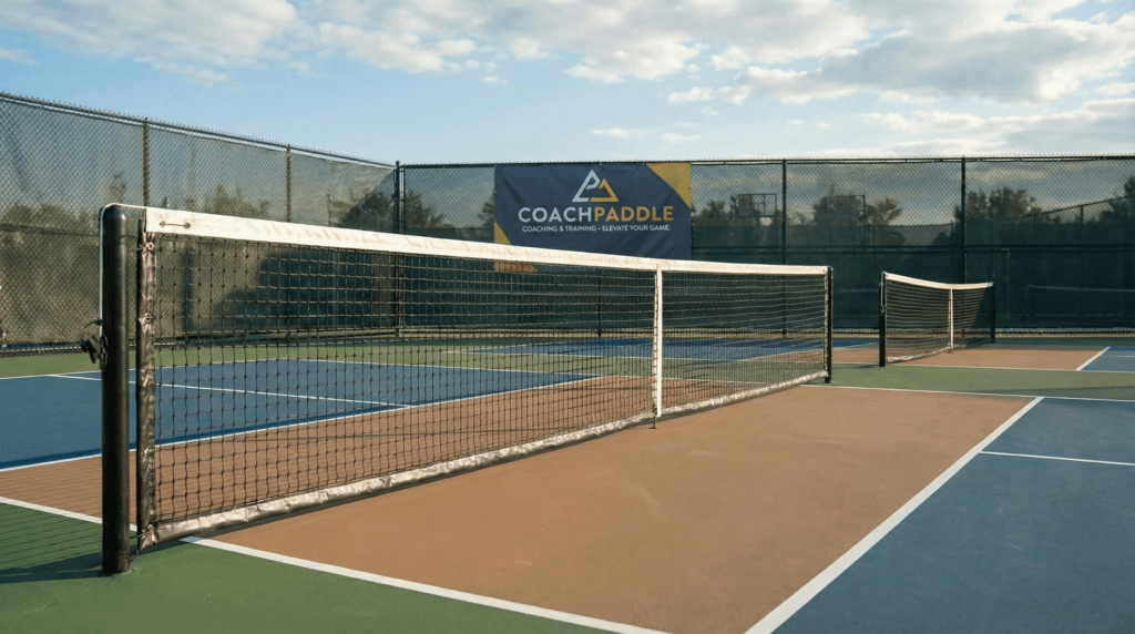 Permanent pickleball net with heavy‑duty posts and regulation height on a dedicated court