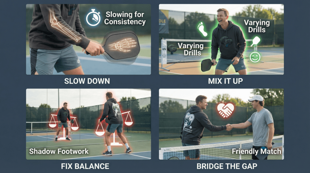 Close‑up of a pickleball paddle and ball as a first‑time player learns foundational drills on court.