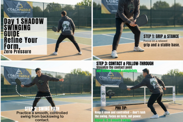 “Beginner pickleball swing drills demonstrated on court, showing proper grip, smooth swing path, controlled contact, and follow‑through technique.”
