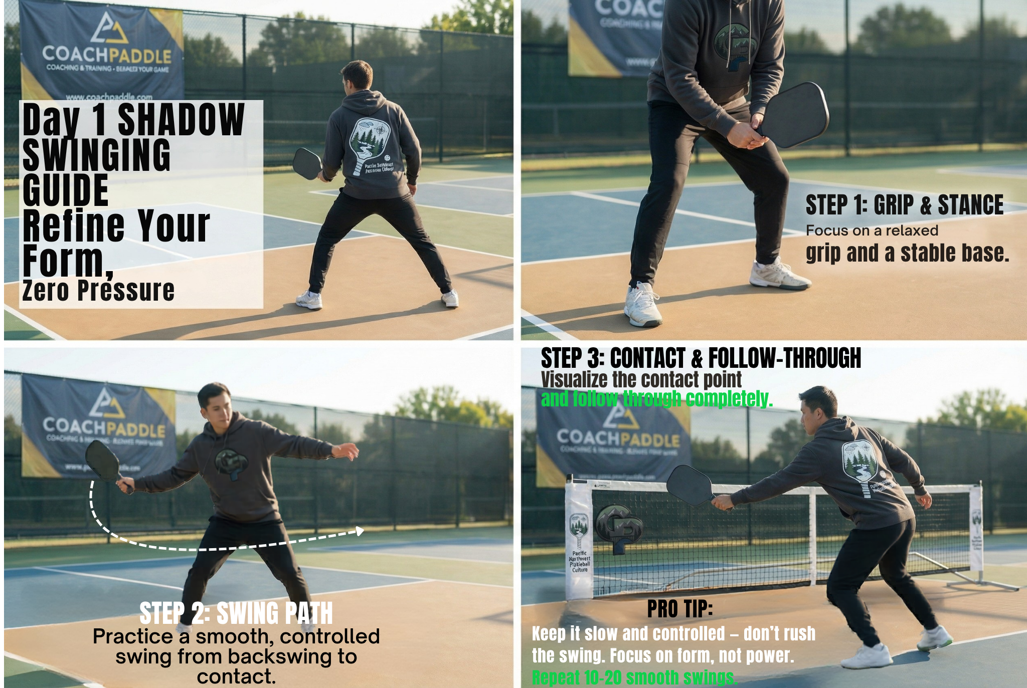 “Beginner pickleball swing drills demonstrated on court, showing proper grip, smooth swing path, controlled contact, and follow‑through technique.”
