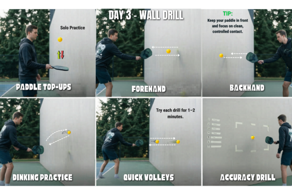 pickleball wall drills for beginners practicing soft dinks against a marked wall