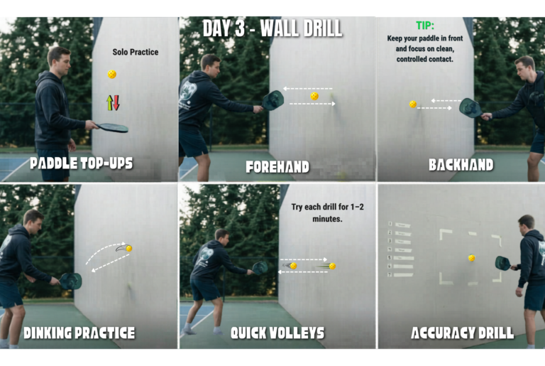 pickleball wall drills for beginners practicing soft dinks against a marked wall