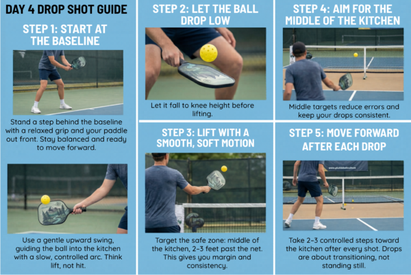 “Beginner pickleball drop shot drills demonstrated on court, showing proper technique, soft lift mechanics, and controlled movement toward the kitchen.”