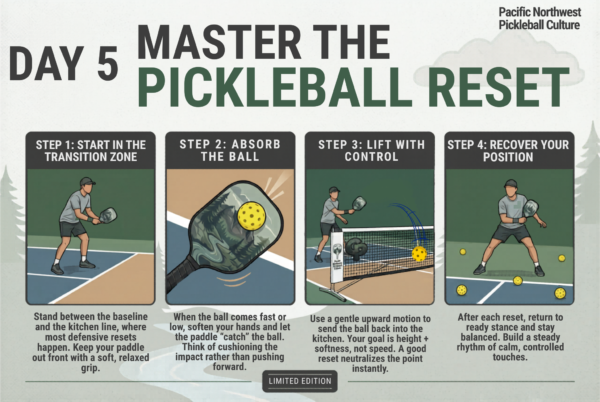 “Beginner pickleball reset drills showing soft‑hand technique, controlled lift, and transition‑zone footwork.”