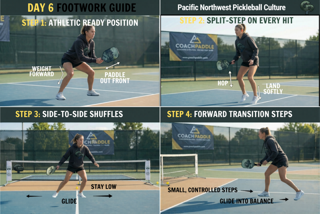 “Beginner pickleball footwork guide showing ready position, split‑step, lateral shuffles, and forward transition steps.”