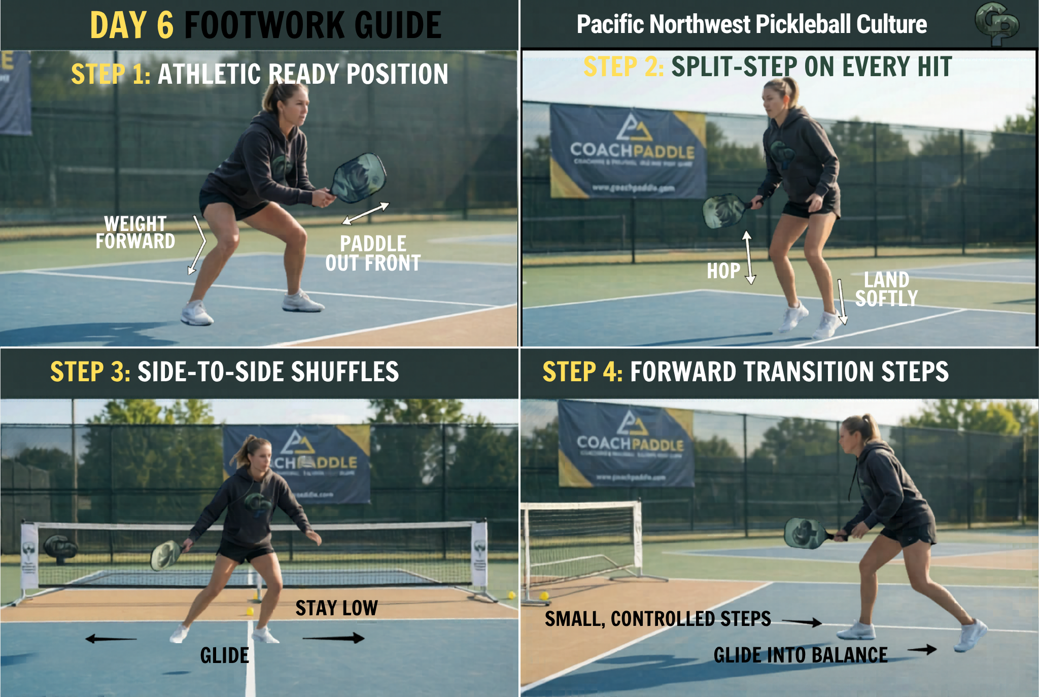 “Beginner pickleball footwork guide showing ready position, split‑step, lateral shuffles, and forward transition steps.”