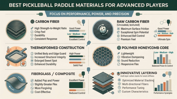 “Close-up of pickleball paddles showing textured surfaces, mid‑weight design, and different core thicknesses to demonstrate how paddle materials affect dink shot control.”