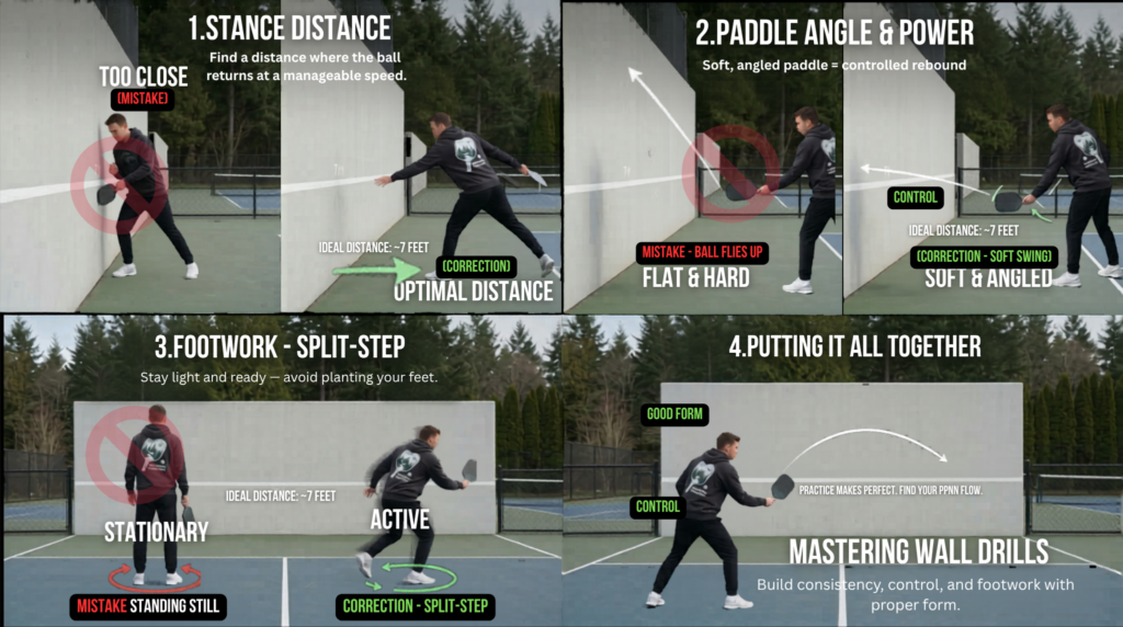 Pickleball wall‑drill guide showing mistakes vs. correct technique for stance distance, paddle angle, footwork, and full‑form control.