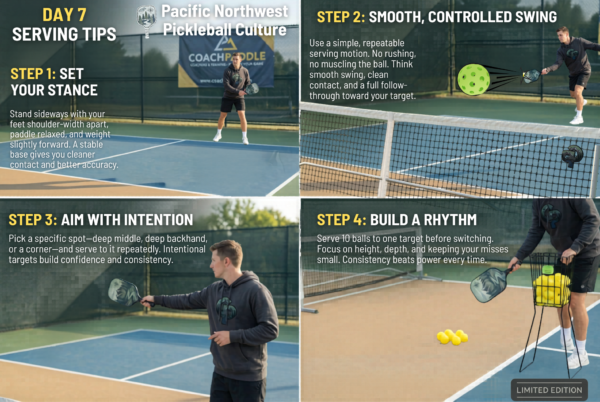 “Beginner pickleball serving tips showing stance, smooth swing, intentional targets, and consistent serving rhythm.”