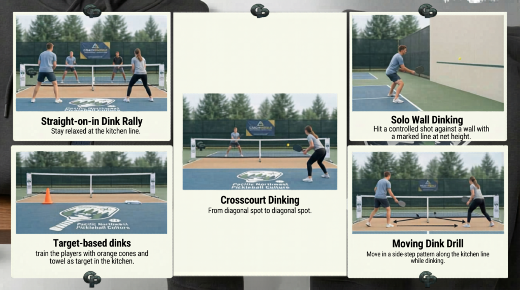 “Beginner pickleball dinking drills demonstrated on court, showing proper grip, soft hands, controlled lift, and consistent kitchen‑line technique.”