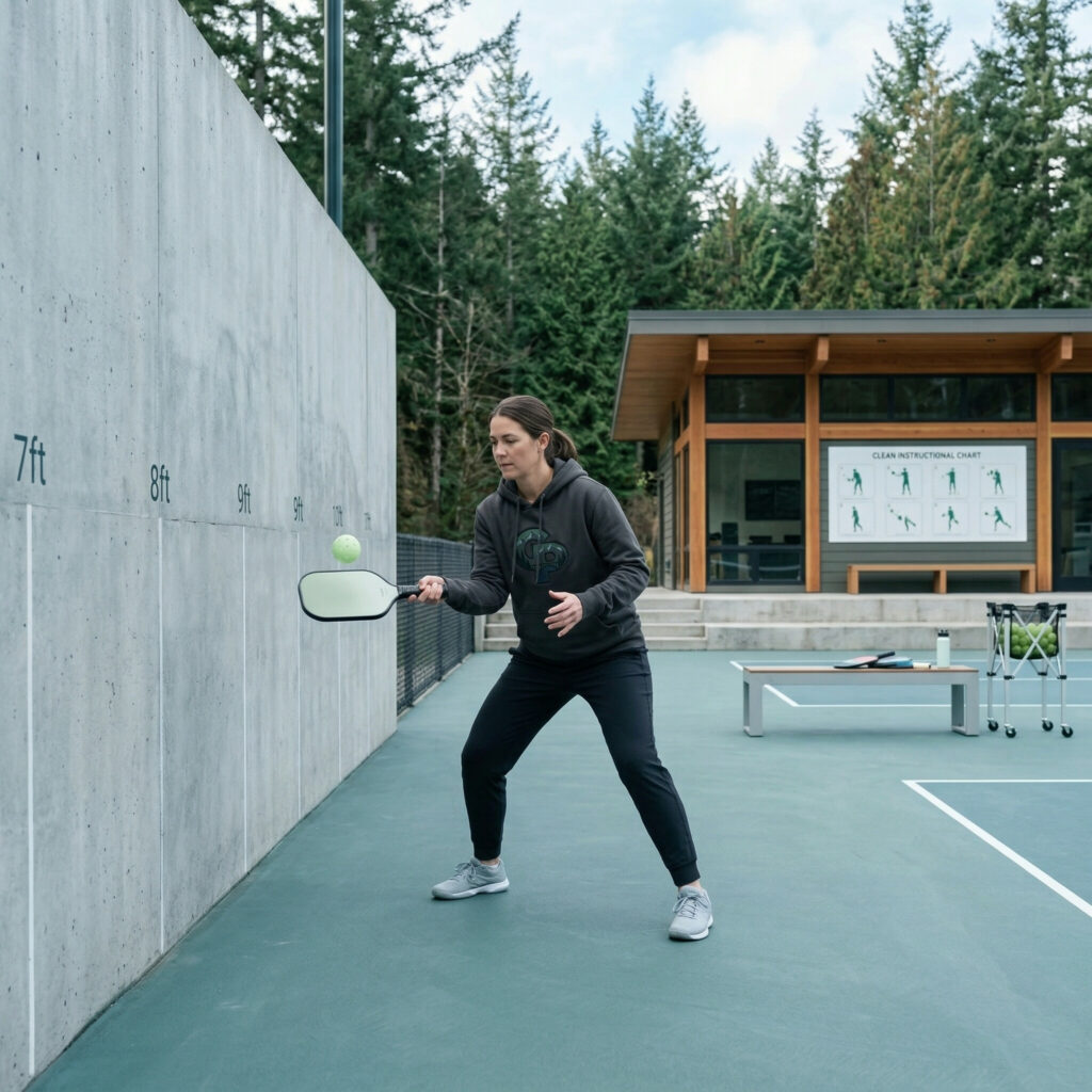 “Beginner practicing pickleball volley control drill against a wall, standing seven to ten feet back and focusing on soft, controlled paddle contact.”