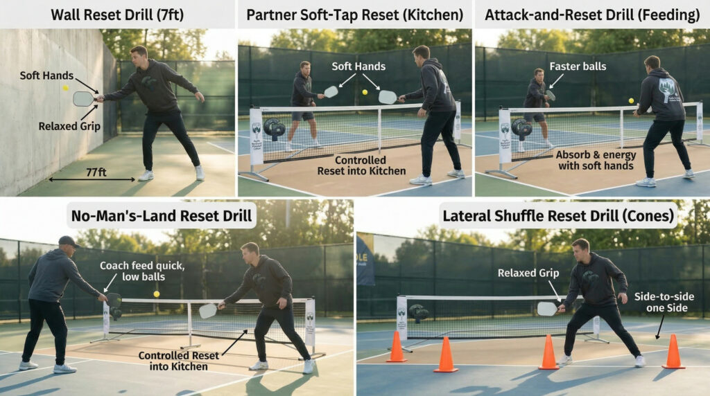 pickleball reset drills for beginners practicing soft hands and controlled resets at the kitchen line