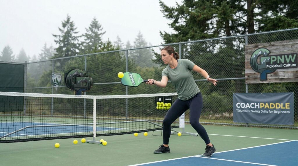 “Beginner practicing pickleball swing drills with controlled paddle mechanics and proper footwork.”