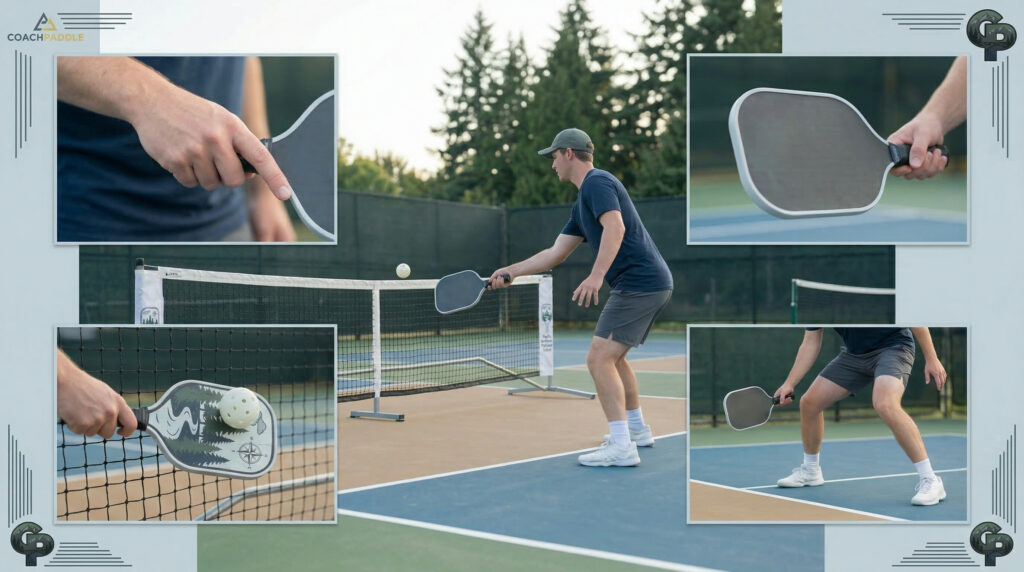 drop shot drills for beginners practicing soft touch with a relaxed grip and low paddle angle