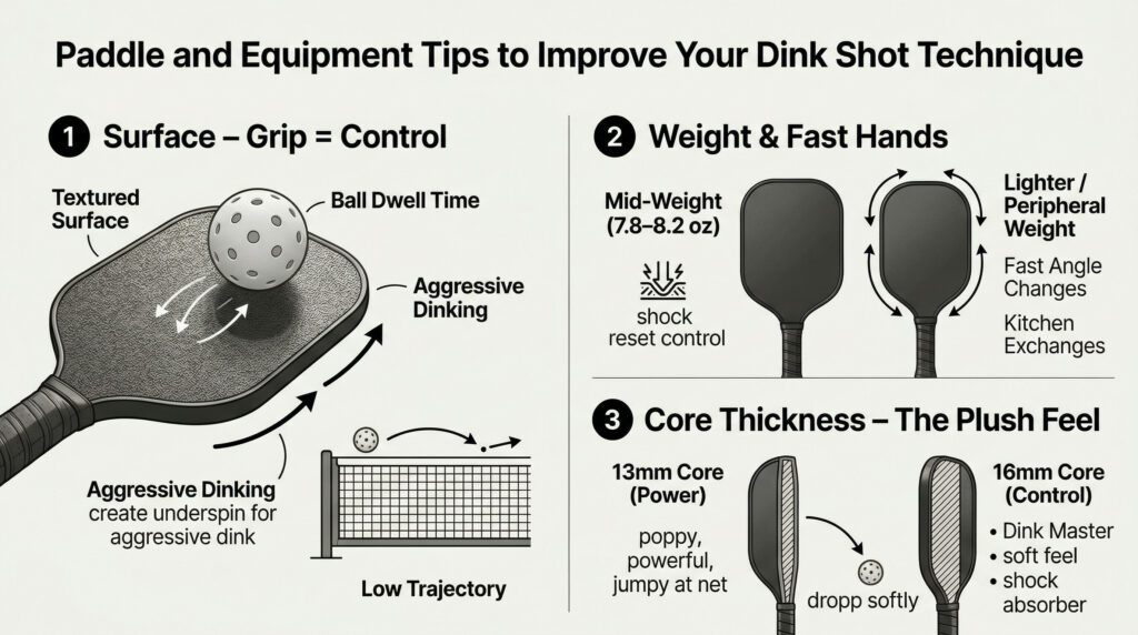 “Close-up visuals of pickleball paddles showing textured surfaces, mid‑weight design, and core thickness differences to demonstrate how equipment affects dink shot control.”