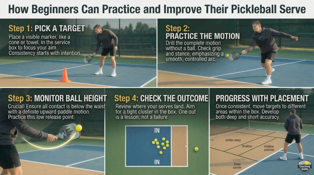 Beginner pickleball player practicing serve on an outdoor court, aiming at a target in the service box with clear step‑by‑step instructional visuals.