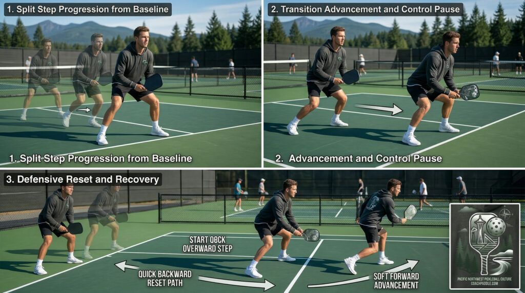 “Pickleball player demonstrating three transition footwork drills: split step progression, controlled forward advancement, and defensive reset on an outdoor court.”