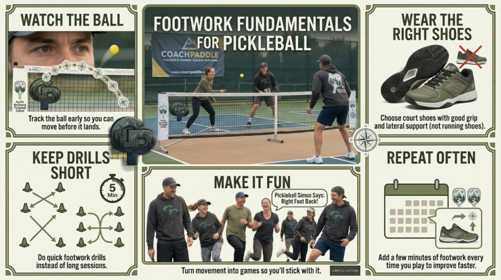 Player watching the ball and moving with controlled steps in a pickleball footwork guide for beginners.