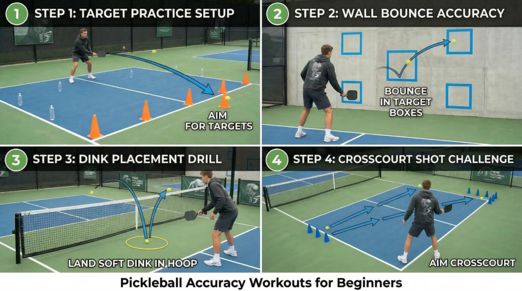 Beginner practicing Pickleball Accuracy Workouts for Beginners using cones, wall targets, and dink placement drills to improve aim and control.