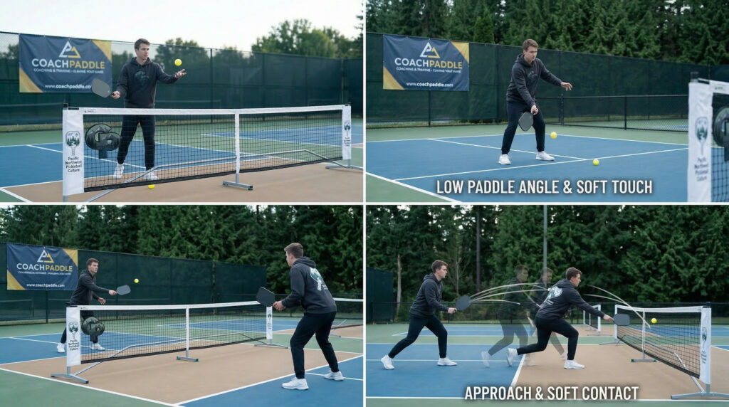 beginner learning pickleball drop shots with relaxed grip and low paddle angle