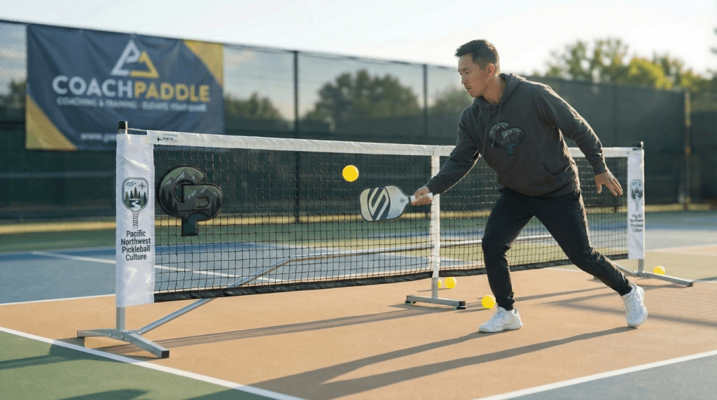 “Player demonstrating proper third‑shot drop mechanics on a pickleball court, showing balanced footwork, open paddle face, and a gentle drop shot landing near the net.”