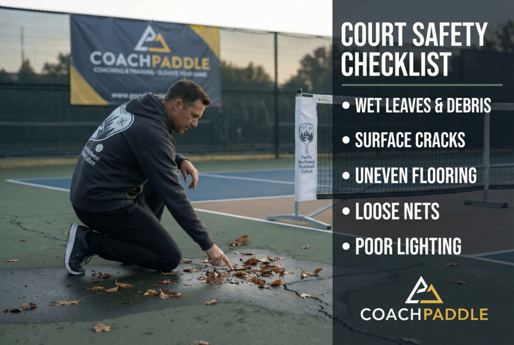“Pickleball player checking court conditions for hazards like cracks, debris, and loose nets.”