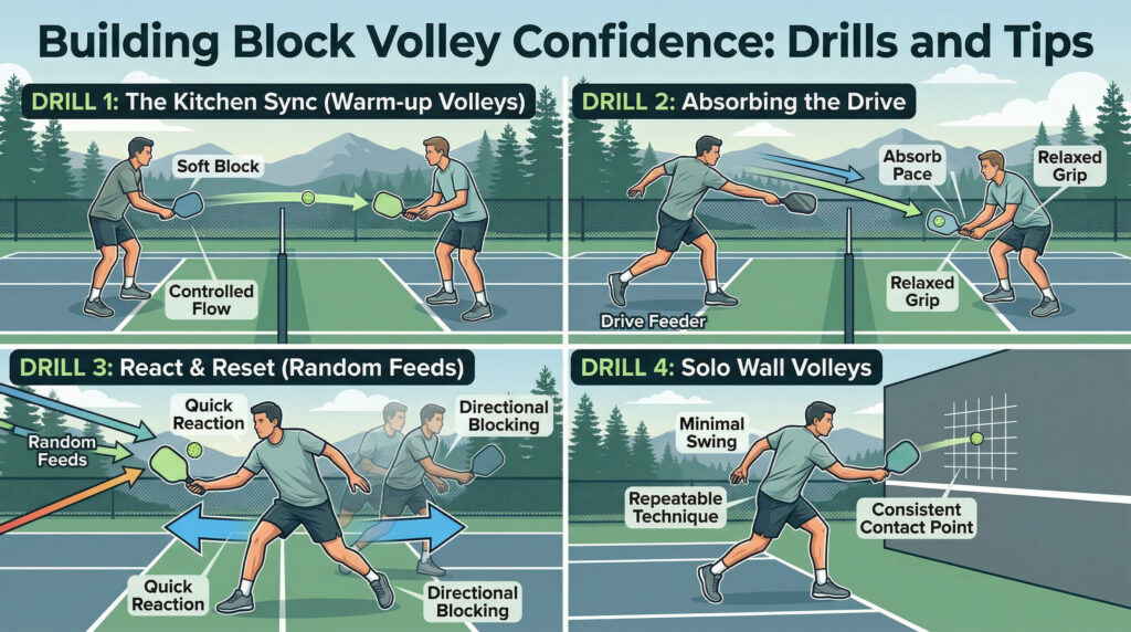 Pickleball Block Volleys technique showing how to absorb pace and reset fast shots.