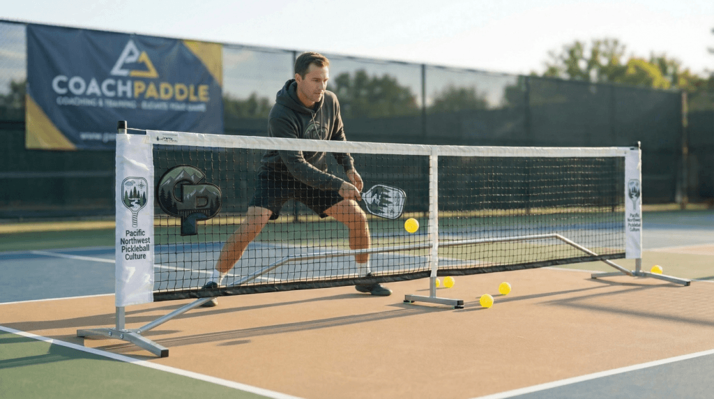 “Player executing a controlled dink shot at the kitchen line with bent knees, forward step, soft swing, and paddle ready for the next ball.”