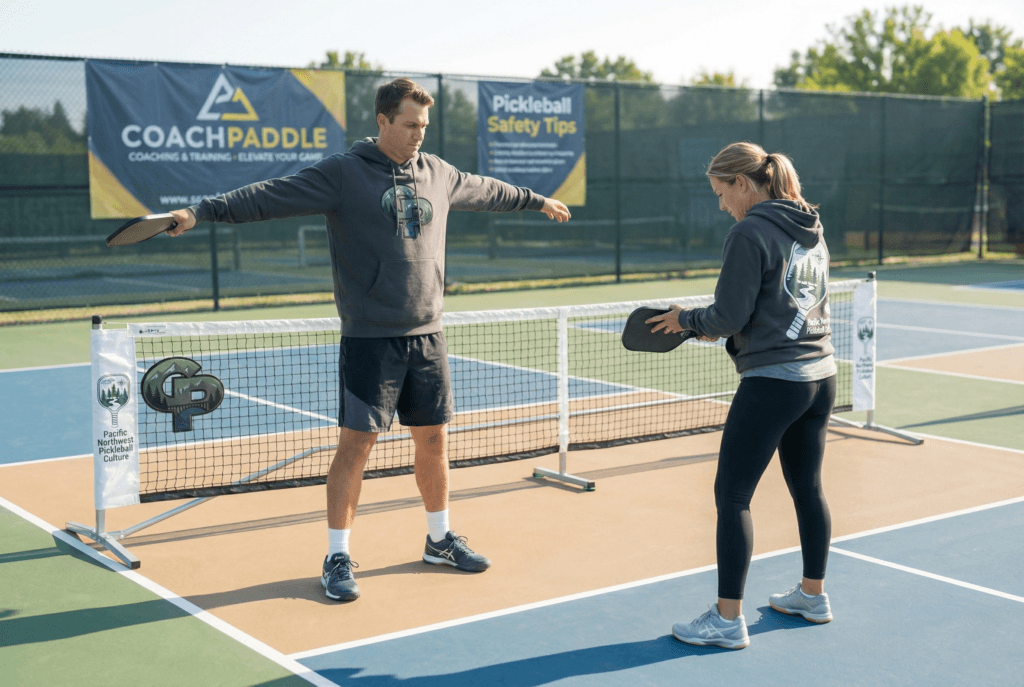“Pickleball players practicing safety tips with warm‑ups, proper shoes, and equipment checks.”