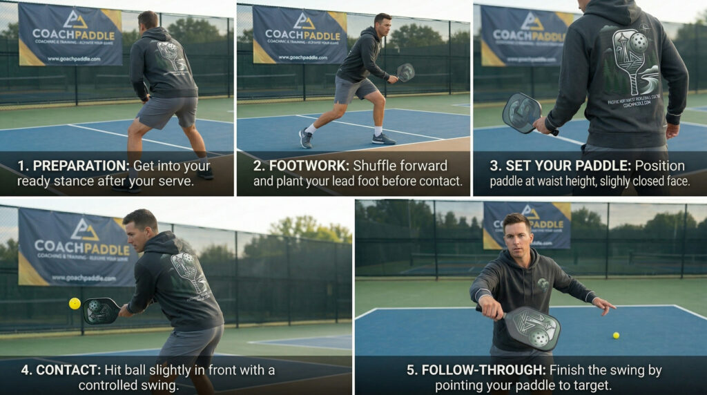 Step‑by‑step pickleball guide showing preparation, footwork, paddle setup, contact, and follow‑through for a third shot drive.