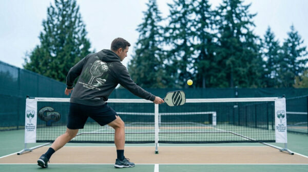 Player hitting a third shot drive from the baseline on an outdoor PNW pickleball court.