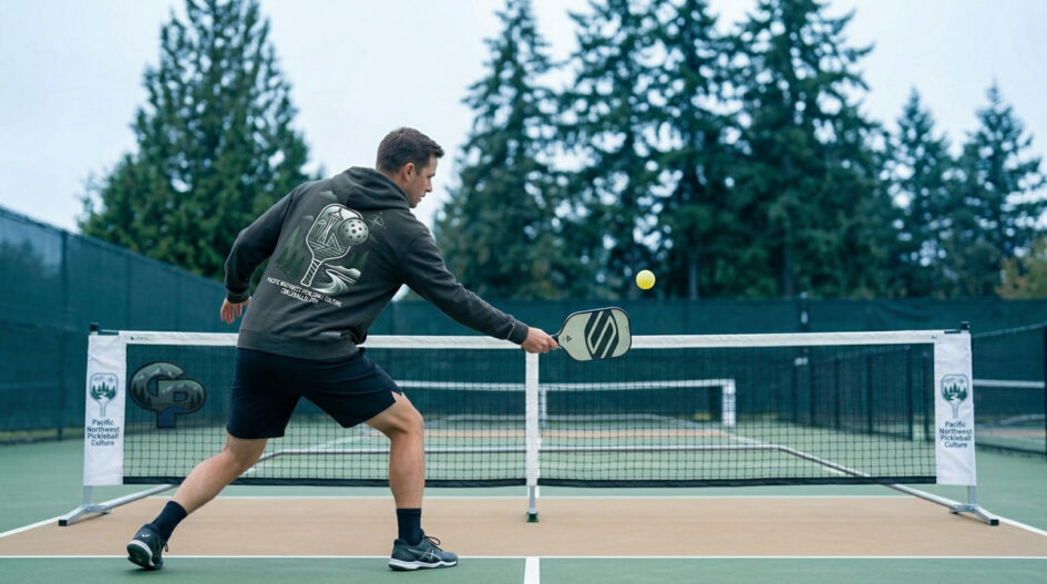 Player hitting a third shot drive from the baseline on an outdoor PNW pickleball court.