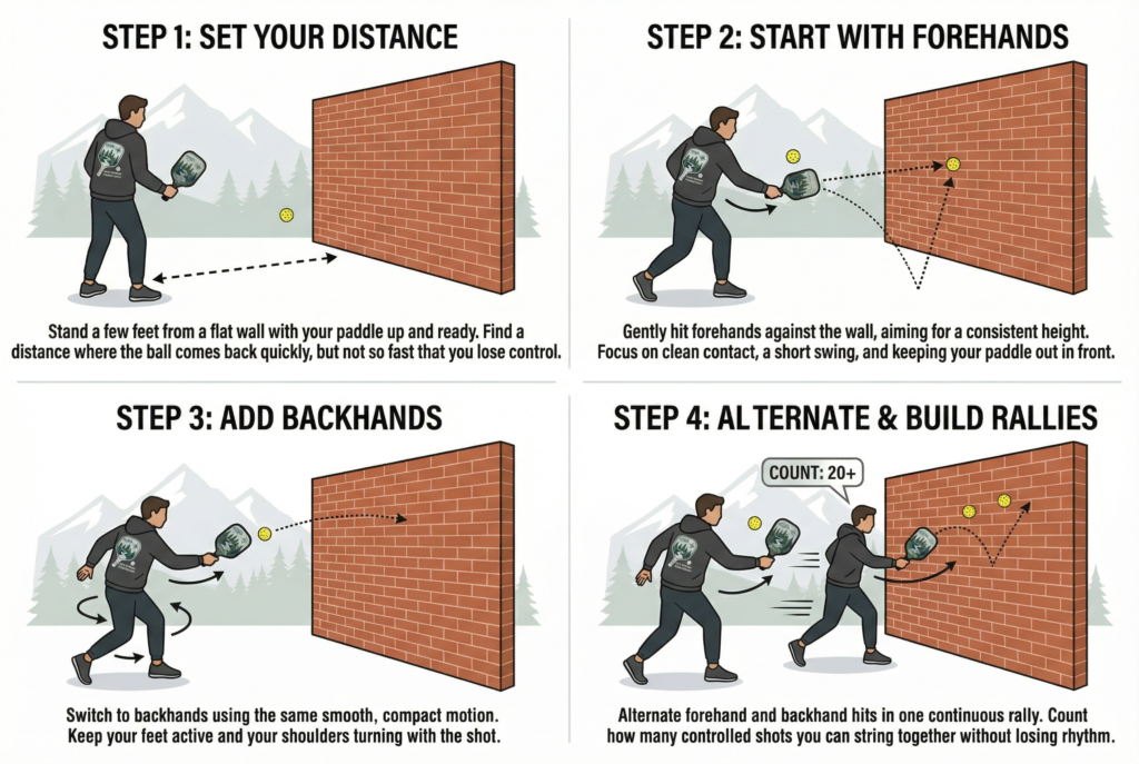 pickleball wall drills for beginners practicing soft dinks against a marked wall