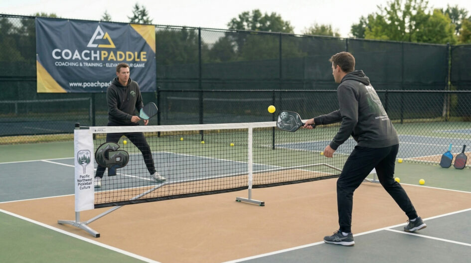 “Player practicing pickleball cross‑court dinking with controlled footwork and soft diagonal shots.”