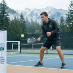 Beginner practicing Pickleball Block Volleys at the kitchen line, controlling a fast incoming shot.