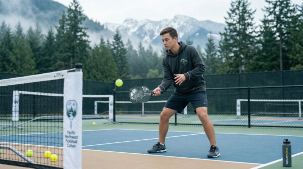 Beginner practicing Pickleball Block Volleys at the kitchen line, controlling a fast incoming shot.