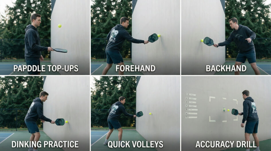 pickleball wall drills for beginners practicing soft dinks against a marked wall