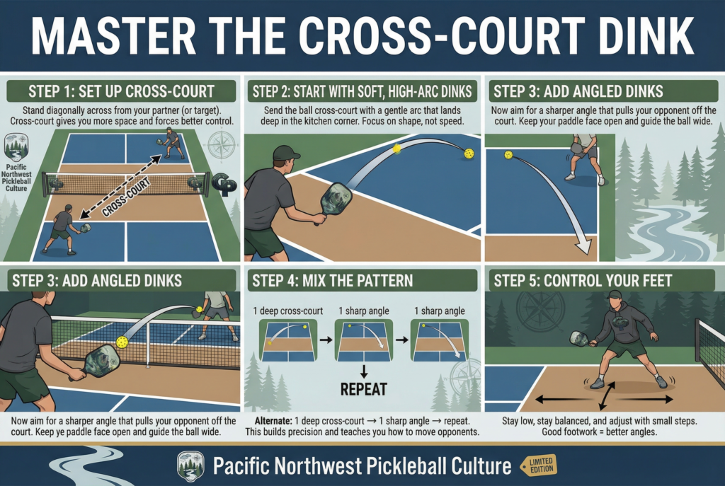 “Player practicing pickleball cross‑court dinking during a controlled drill.”